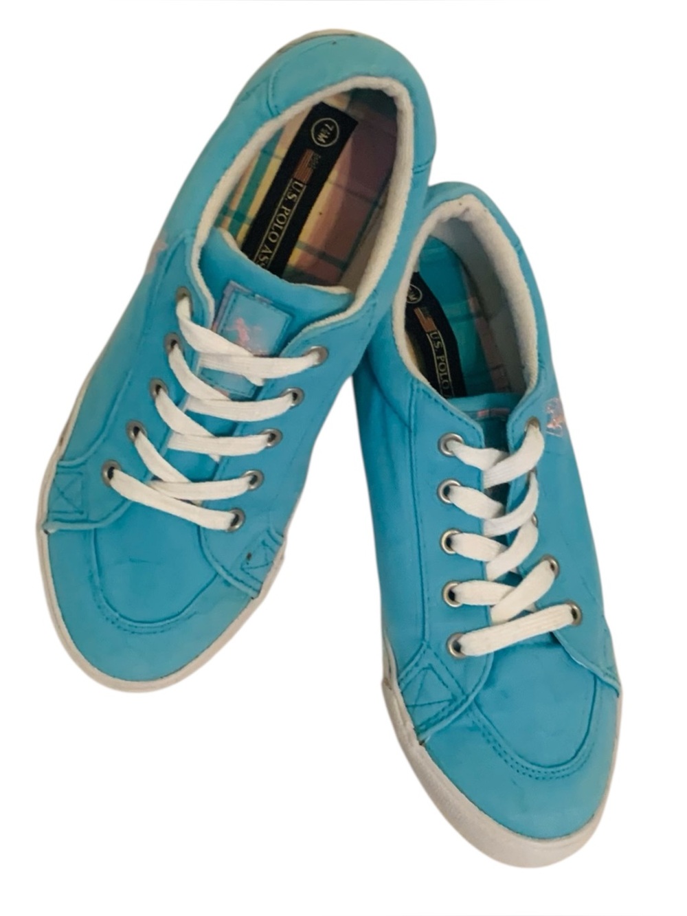 U.S. Polo Assn. Turquoise Canvas Plaid Low Top Sneakers Brisbane Style Size 7.5